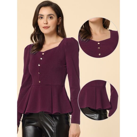 Square Neck Peplum Top Long Sleeve Blouse VintagePurplish Red - Picture 2 of 5